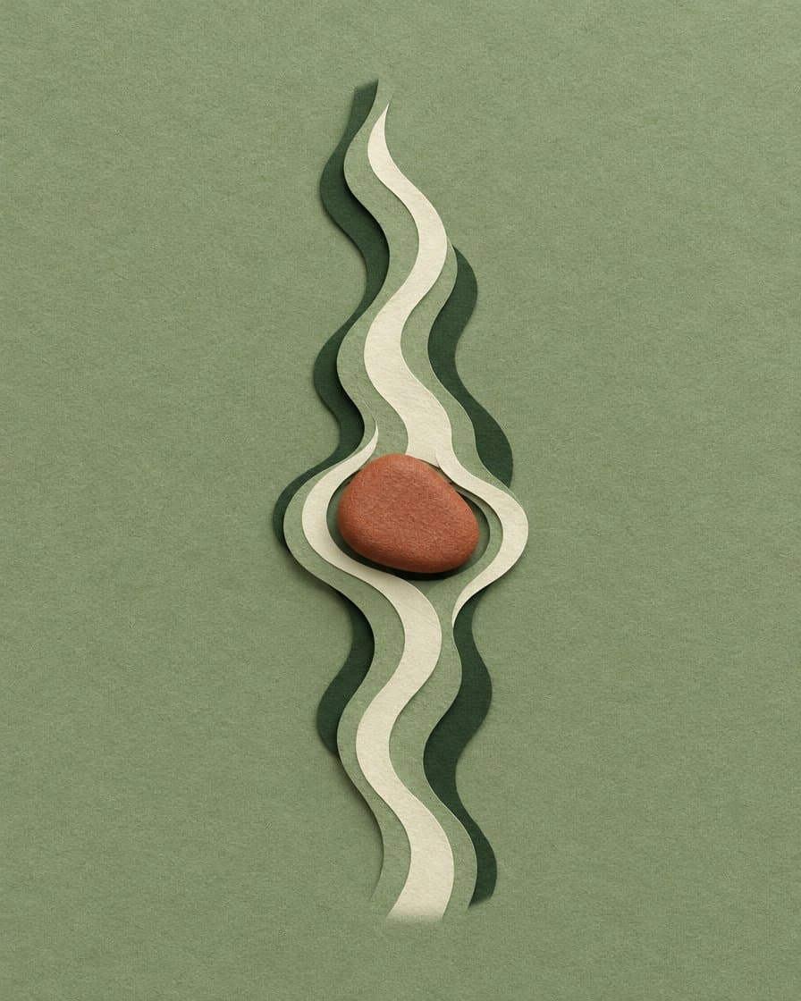 Paper drawing of a stream flowing around a small stone