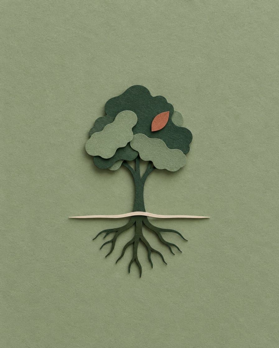 Paper drawing of a tree with its roots showing below the ground