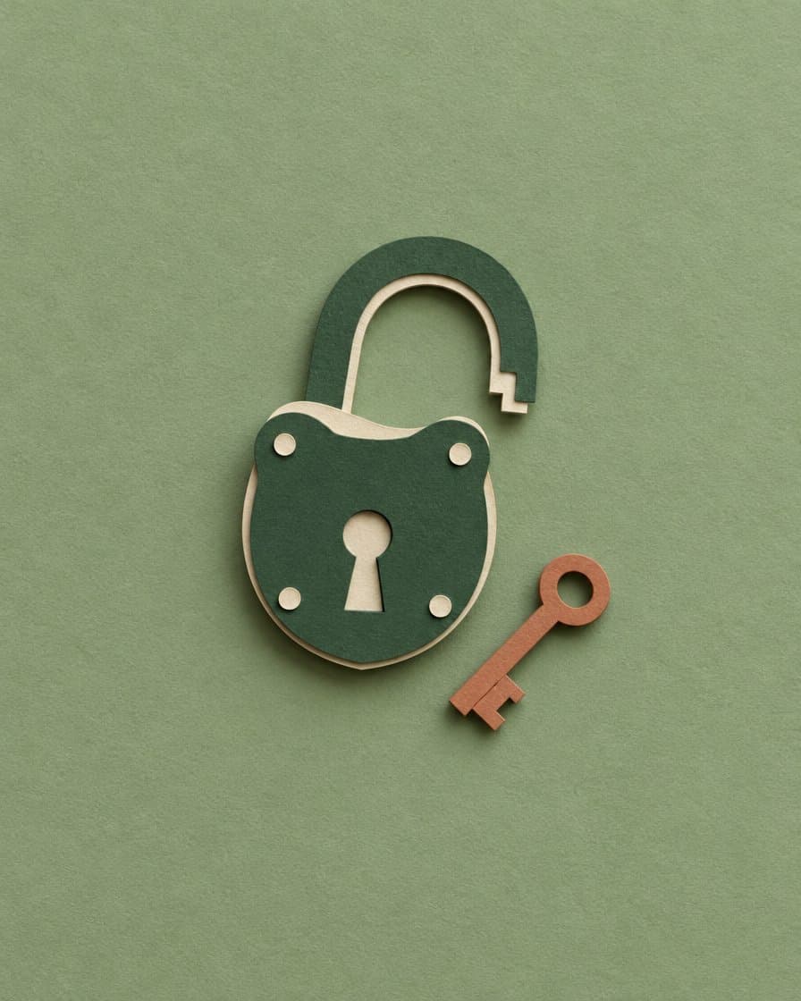 Paper drawing of an open padlock with a small key beside it